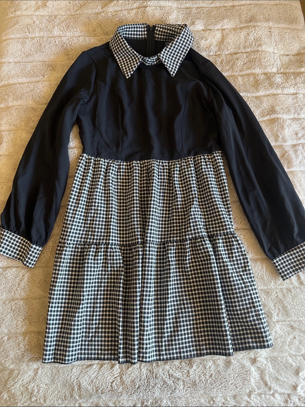 SHEIN Black Dress with Black-and-White Gingham Collar & Tiered Skirt